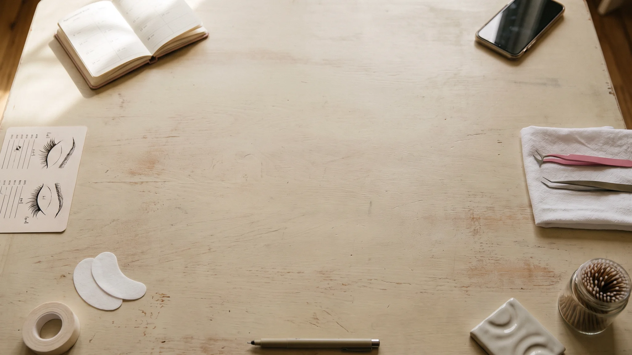 An appointment card book on a wooden table, beside a phone lying face down, two pairs of lash tweezers on a white cloth, a hand-drawn lash map, a lash tile and a jar of micro brushes.
